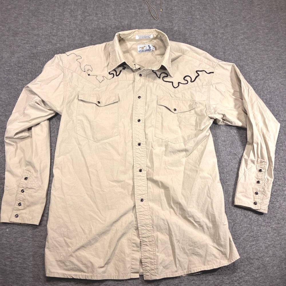 Vintage Panhandle Slim Western Shirt Mens Medium Tan Embroidered Star Distressed